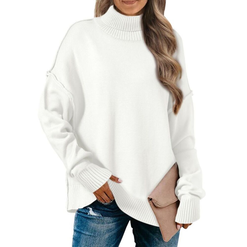 Women Oversized Mock Neck Long Sleeve Pullover Sweater Tops White